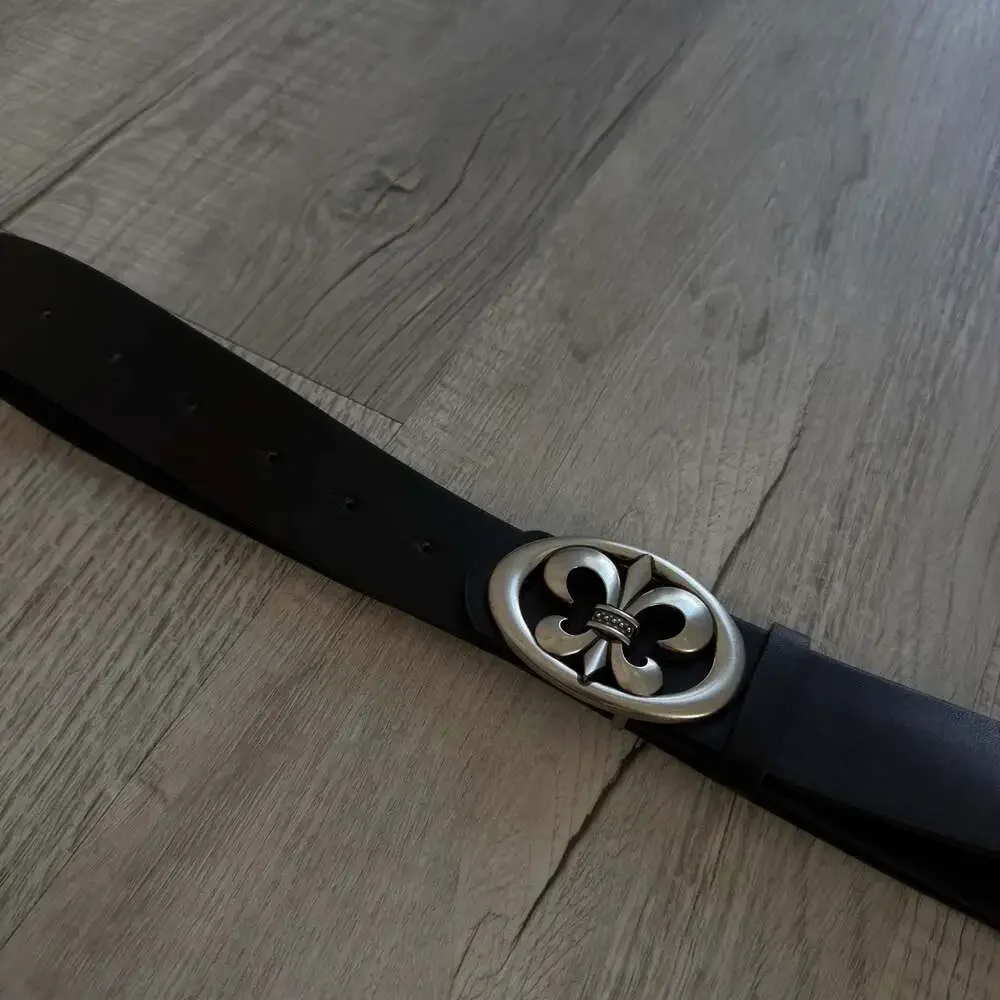 Unisex Leather Belt with French Lily Fleur de Lys Buckle